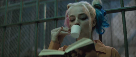 HD wallpaper featuring Margot Robbie as Harley Quinn in the movie Suicide Squad, sipping from a cup and reading a book in a prison cell.