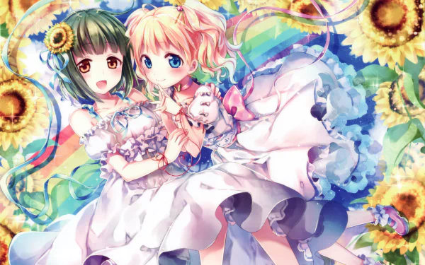 HD anime desktop wallpaper featuring two KINMOZA! characters in white dresses surrounded by vibrant sunflowers and colorful swirling patterns.