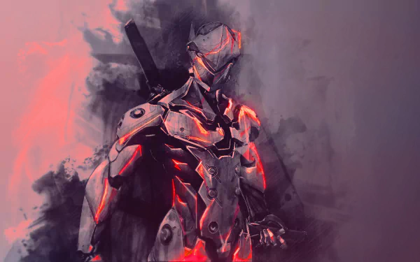 HD wallpaper featuring Genji from the video game Overwatch. The image showcases Genji in his signature cybernetic armor, set against a dark, smoky background with glowing red highlights.