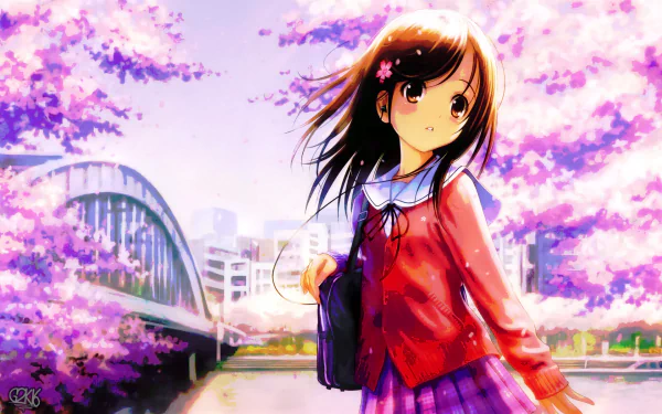 A bright and colorful anime girl stands beneath blooming cherry blossoms, set against a city backdrop, creating a vibrant HD wallpaper for desktop use.