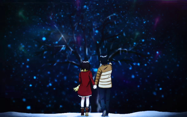 A beautiful HD desktop wallpaper featuring characters from the anime Erased, standing together in a snowy landscape under a vibrant, starry night sky.