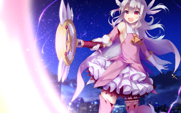 A lively anime character, Illyasviel Von Einzbern from Fate/kaleid liner Prisma Illya, wields a magical staff under a starry night sky, featuring pink eyes, white long hair, and pink attire.