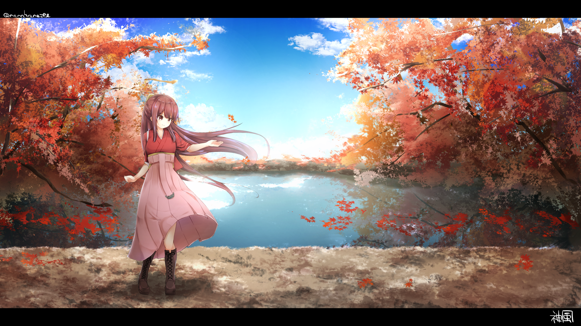 HD anime-style Kantai Collection desktop wallpaper featuring a girl in a red and pink outfit standing by a serene lake surrounded by vibrant autumn trees.