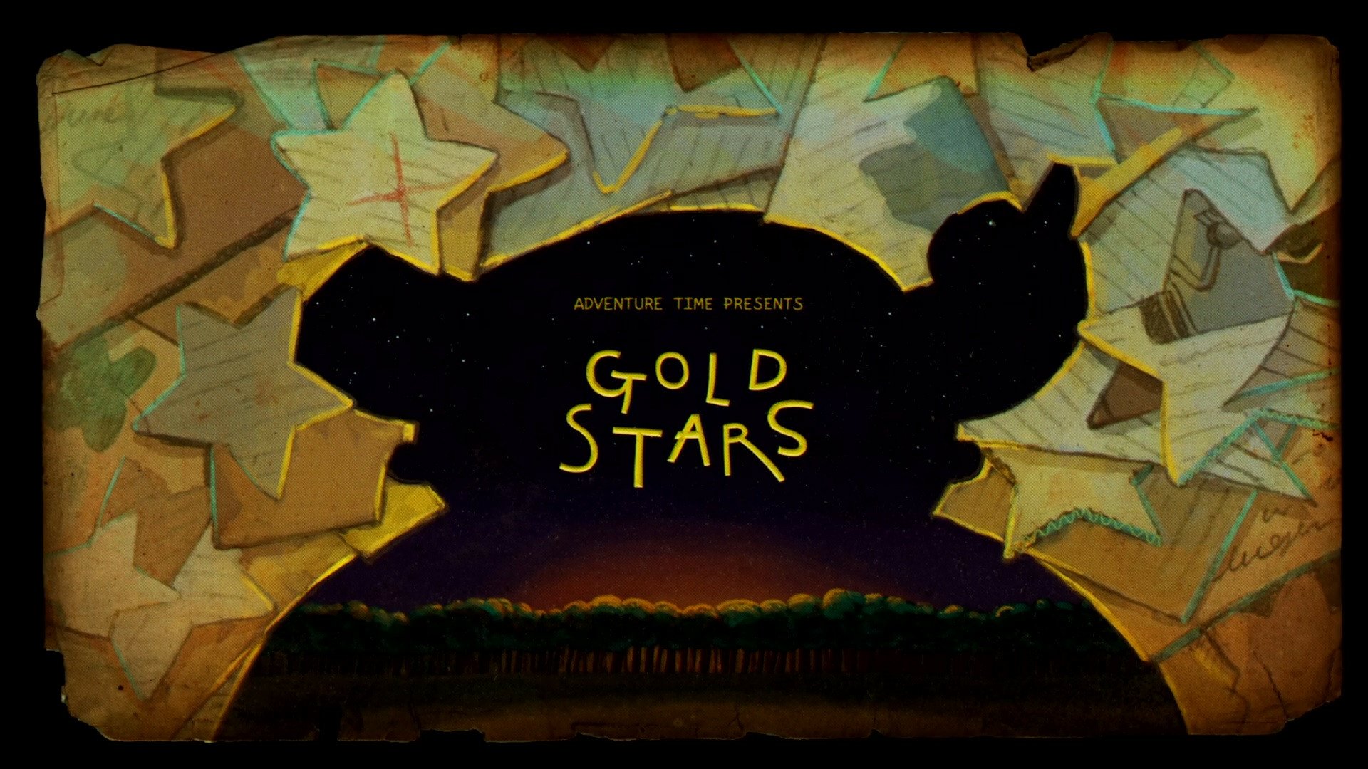 TV show Adventure Time HD desktop wallpaper: Gold Stars title card with a large dark silhouette framed by torn, paper-like gold stars over a starry night and tree-lined horizon.