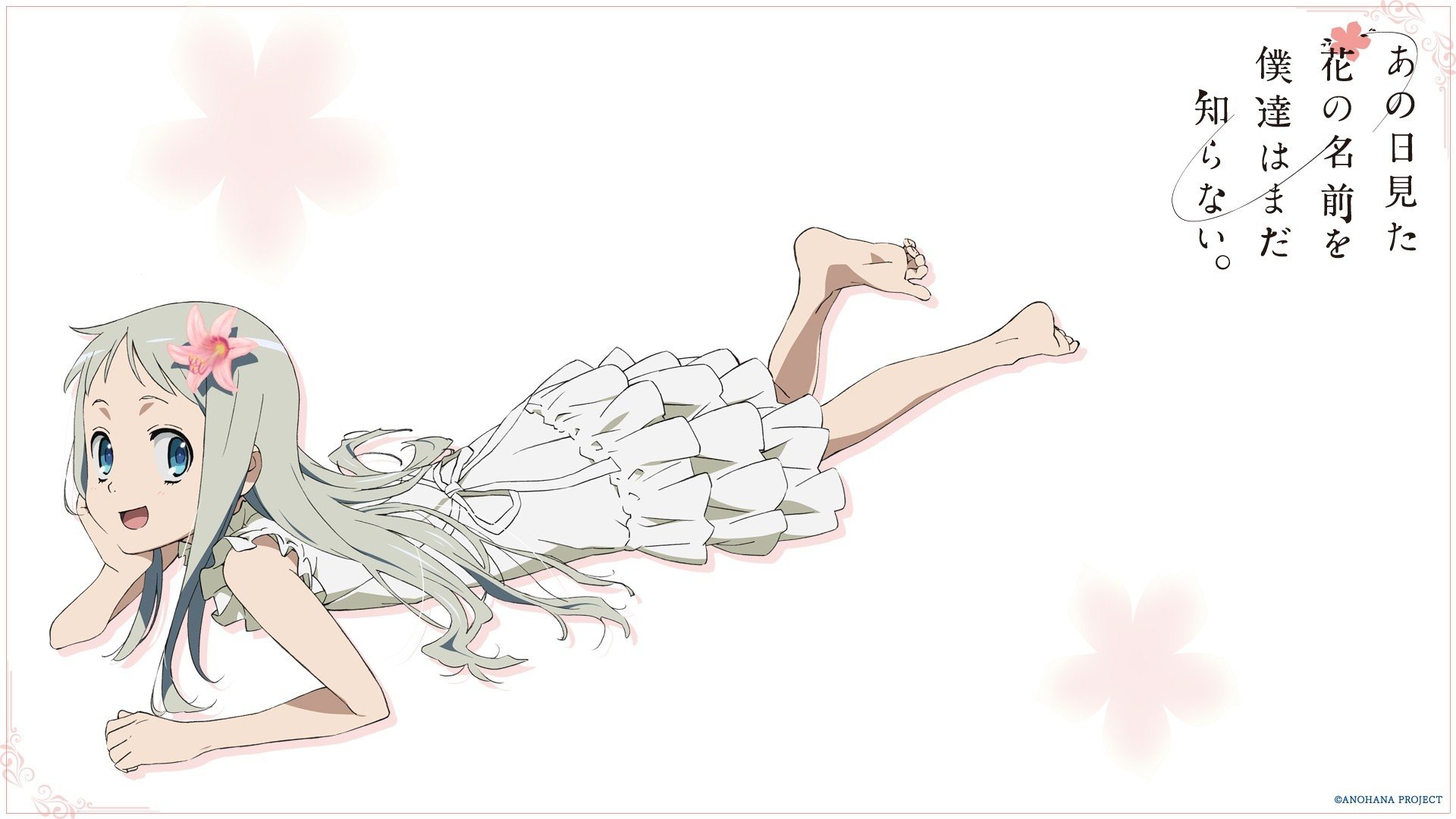 HD anime desktop wallpaper featuring Meiko Honma from Anohana, depicted lying down in a white dress with a soft, floral-themed background.