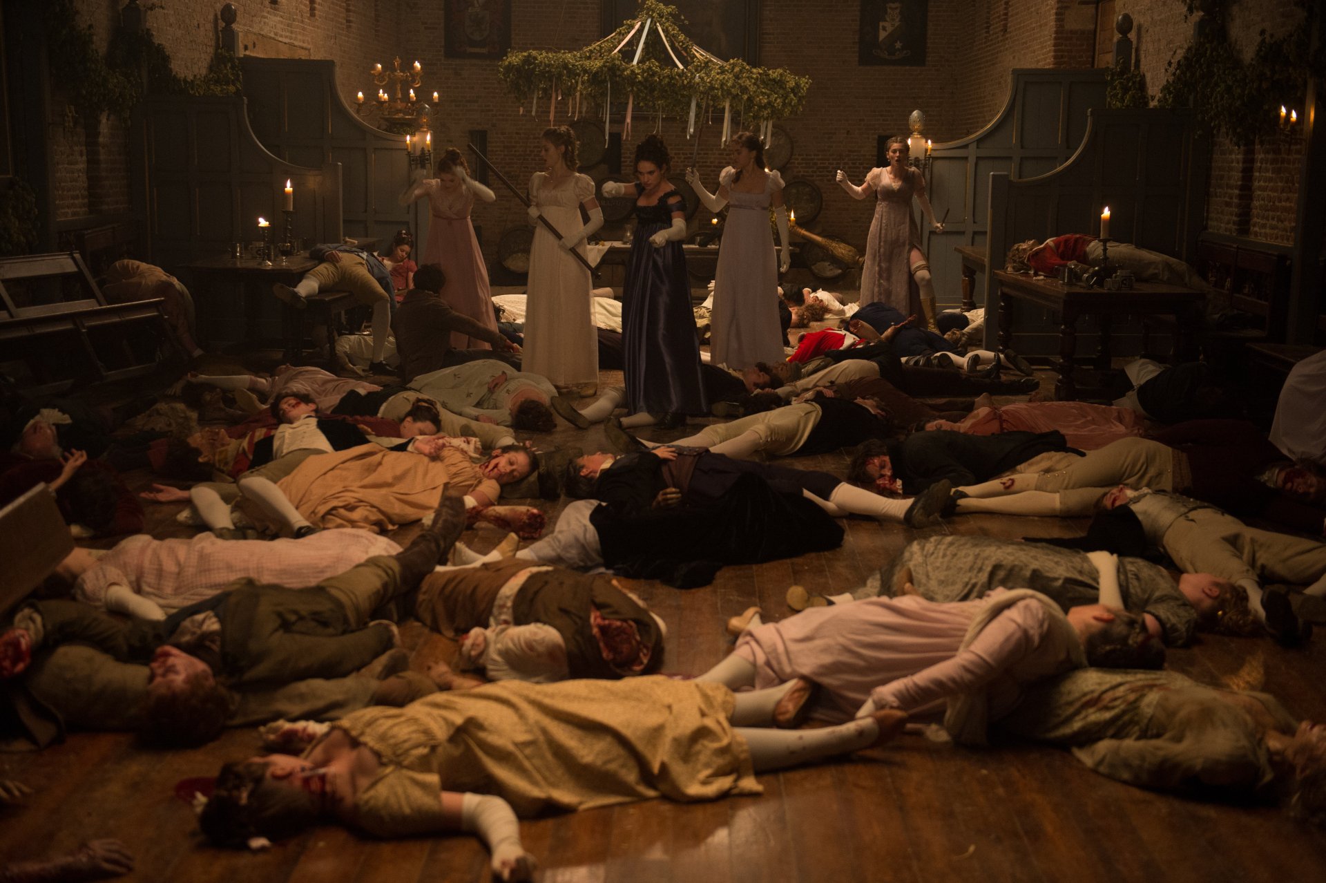 Pride and Prejudice and Zombies movie scene: Regency-era ballroom strewn with fallen bodies as women in gowns stand amid the carnage — 4K Ultra HD PC desktop wallpaper/background