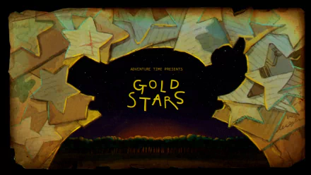 TV show Adventure Time HD desktop wallpaper: Gold Stars title card with a large dark silhouette framed by torn, paper-like gold stars over a starry night and tree-lined horizon.