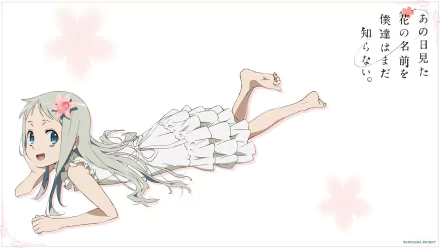 HD anime desktop wallpaper featuring Meiko Honma from Anohana, depicted lying down in a white dress with a soft, floral-themed background.