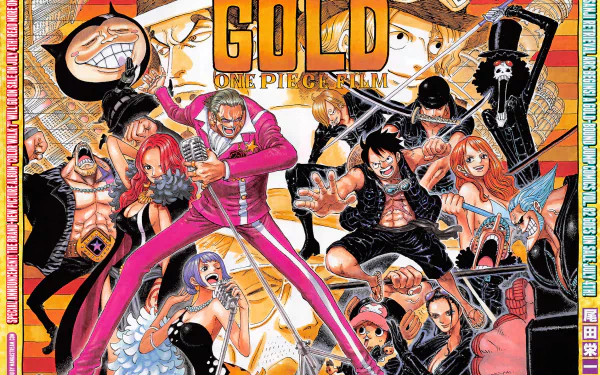 HD desktop wallpaper featuring Usopp, Sanji, Tony Tony Chopper, Nico Robin, Nami, and Monkey D. Luffy from One Piece Film: Gold in vibrant anime style.