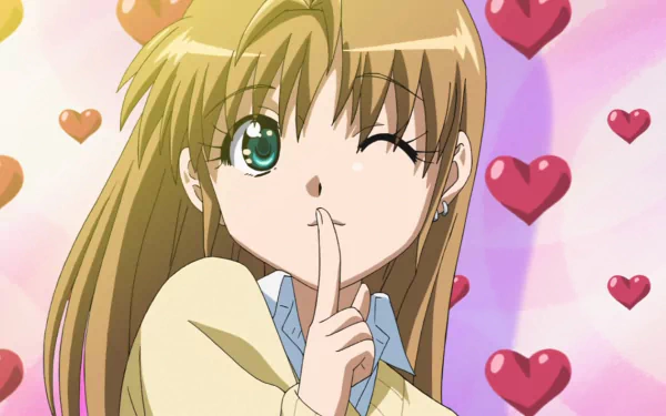 HD PC desktop wallpaper featuring a winking anime girl from B Gata H Kei with long blonde hair and a finger to her lips, surrounded by floating hearts.