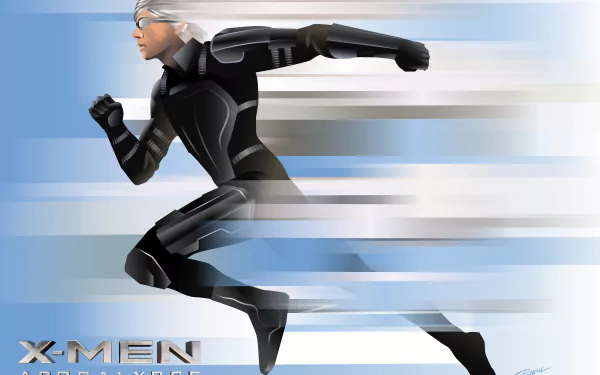A dynamic 4K Ultra HD wallpaper featuring Quicksilver, portrayed by Evan Peters, sprinting in a scene from X-Men: Apocalypse. The image captures his super speed and iconic look.