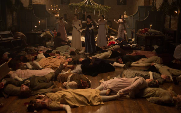 Pride and Prejudice and Zombies movie scene: Regency-era ballroom strewn with fallen bodies as women in gowns stand amid the carnage — 4K Ultra HD PC desktop wallpaper/background