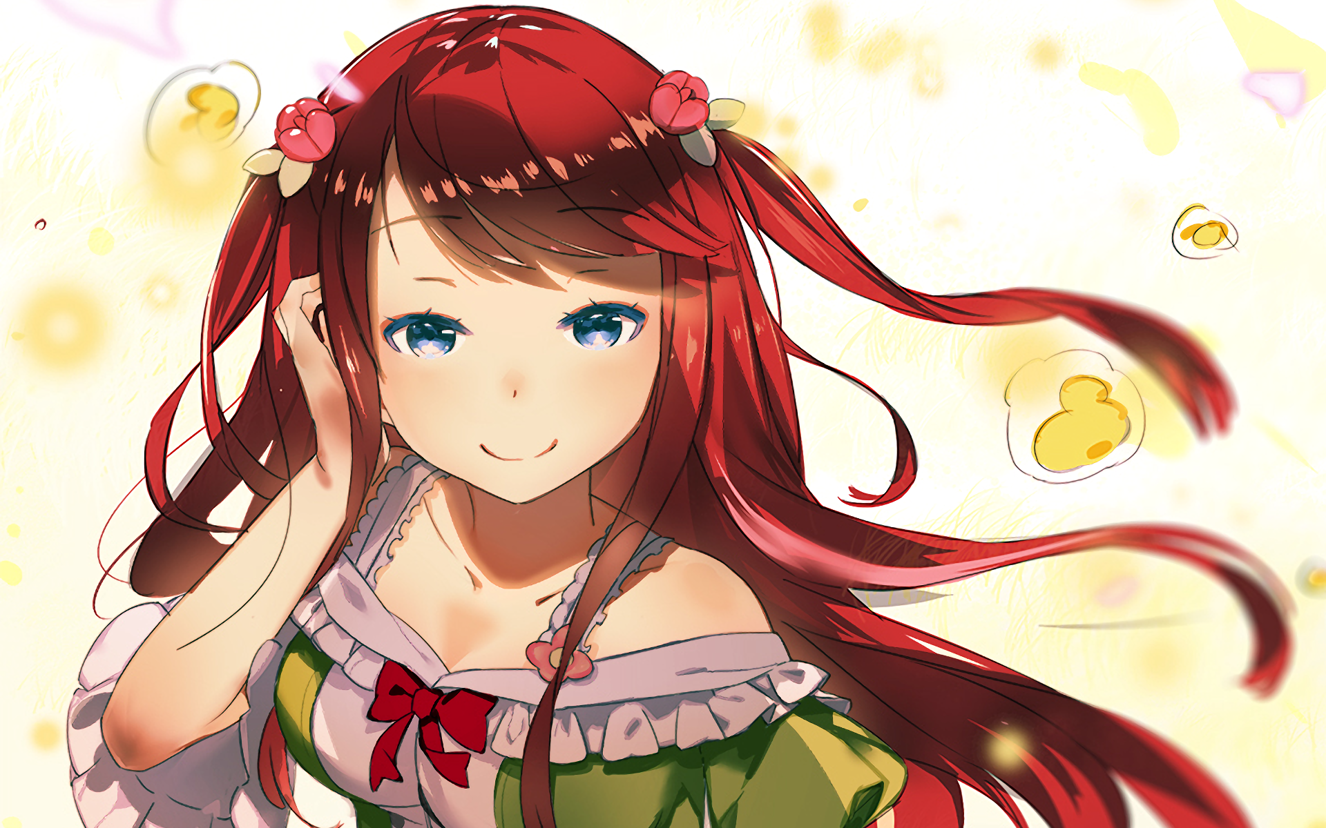 Theresia van Astrea from Re:Zero - Starting Life in Another World smiles warmly. This HD desktop wallpaper features her with vibrant red hair adorned with flowers, set against a light, cheerful background.