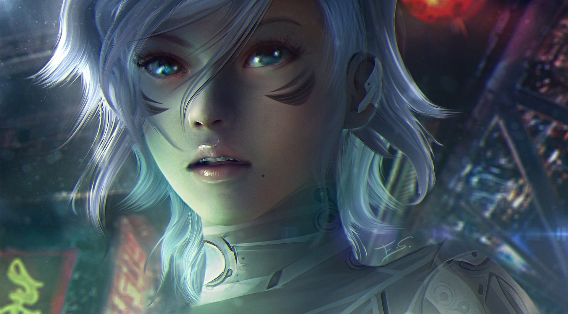 A futuristic woman with white hair and striking blue eyes gazes thoughtfully, set against a vibrant Sci-Fi background filled with neon lights. HD quality desktop wallpaper.