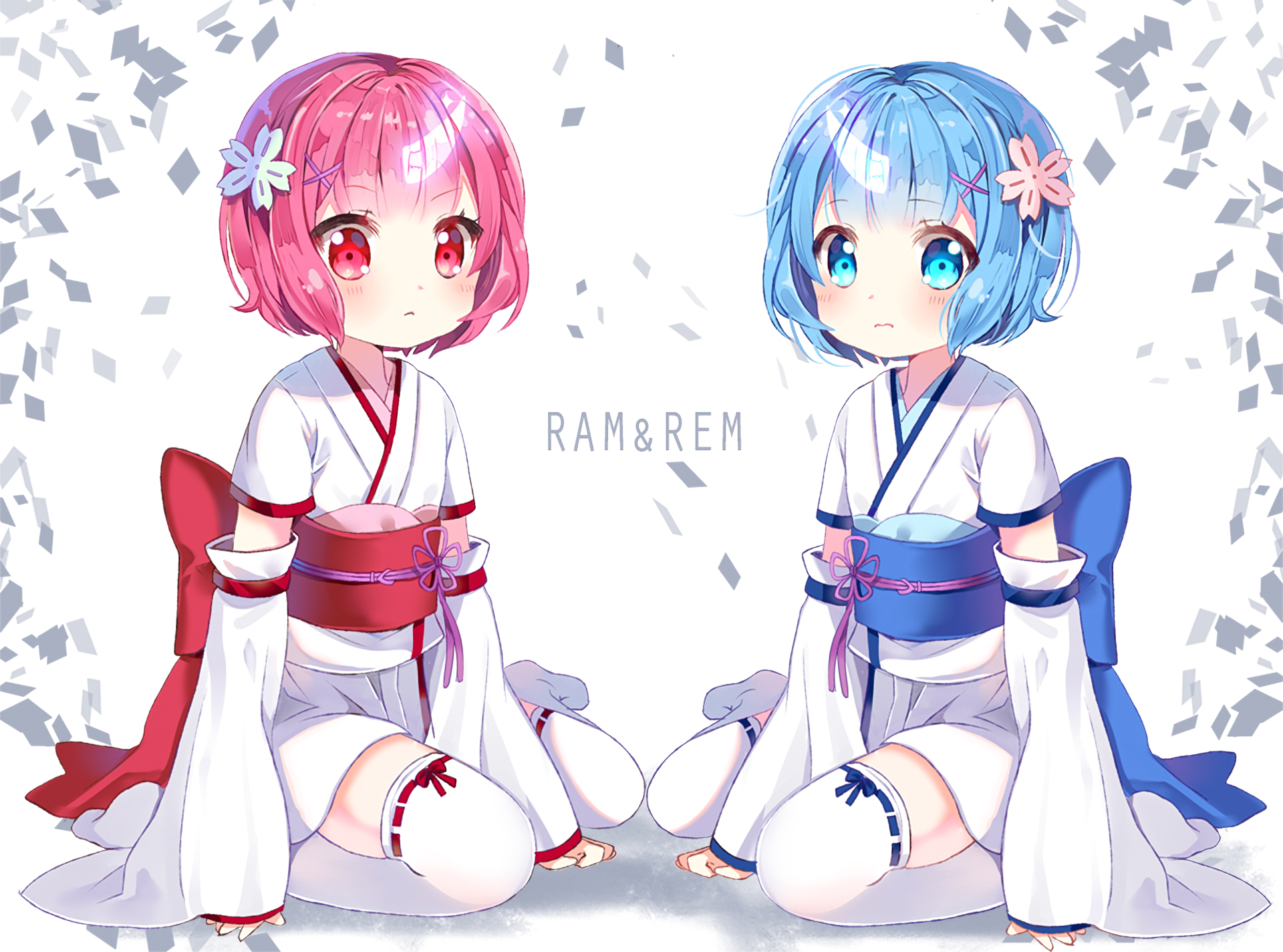 An HD desktop wallpaper featuring Ram and Rem from Re:ZERO - Starting Life in Another World, showcasing their distinct hairstyles and colorful outfits against a light background.