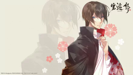 Anime Gyakuten Yoshiwara HD PC desktop wallpaper: stylized young man in dark cloak and red scarf holding a pink flower, faded mirrored silhouette and floral motifs.