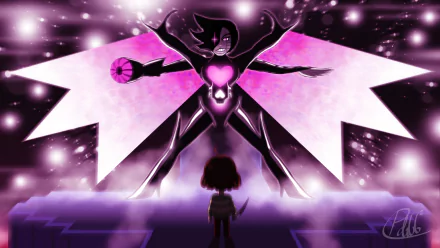 A high-definition desktop wallpaper featuring characters from the video game Undertale: Mettaton Neo, Mettaton, Chara, and Frisk. The scene is vibrant and dramatic with a sci-fi atmosphere.