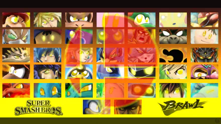 HD desktop wallpaper featuring characters from Super Smash Bros. Brawl, showcasing a vibrant grid of iconic fighters against a colorful background.