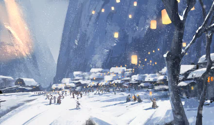 A serene, winter landscape from the comic GhostBlade, featuring a snowy village with glowing lanterns set against towering cliffs, creating a captivating HD desktop wallpaper.