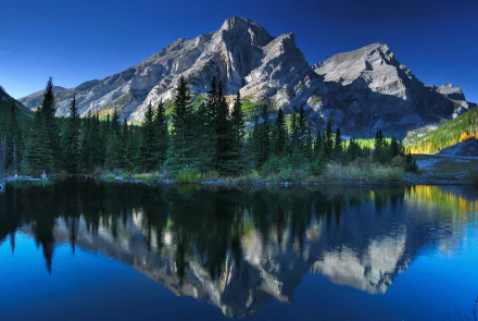 HD desktop wallpaper showcasing a serene lake in Alberta, Canada, with mountain peaks and trees perfectly reflected in the calm water under a clear blue sky.