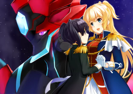 Anime HD PC desktop wallpaper from Regalia: The Three Sacred Stars — two young women in ornate military uniforms embrace while a red mecha looms behind them against a starry space backdrop.