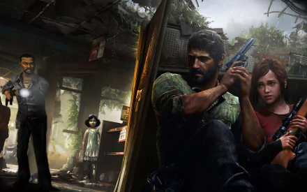 A dramatic crossover wallpaper featuring characters from The Walking Dead and The Last of Us, including Joel, Ellie, Lee Everett, and Clementine in a post-apocalyptic setting.