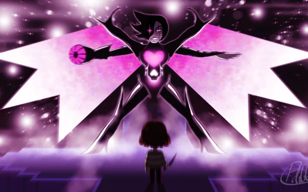 A high-definition desktop wallpaper featuring characters from the video game Undertale: Mettaton Neo, Mettaton, Chara, and Frisk. The scene is vibrant and dramatic with a sci-fi atmosphere.