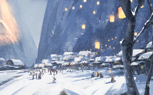 A serene, winter landscape from the comic GhostBlade, featuring a snowy village with glowing lanterns set against towering cliffs, creating a captivating HD desktop wallpaper.