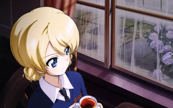 Darjeeling from Girls und Panzer anime holding a teacup by a window on a rainy day, captured in 4K Ultra HD PC desktop wallpaper quality.