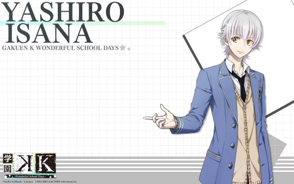 HD PC desktop wallpaper featuring Yashiro Isana from the anime K Project, showcasing the character in a blue school uniform against a minimal white background.
