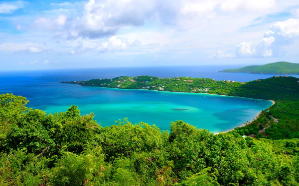 HD desktop wallpaper showing a vibrant coastline with lush green forests, turquoise ocean bay, and a clear blue horizon under a partly cloudy sky.
