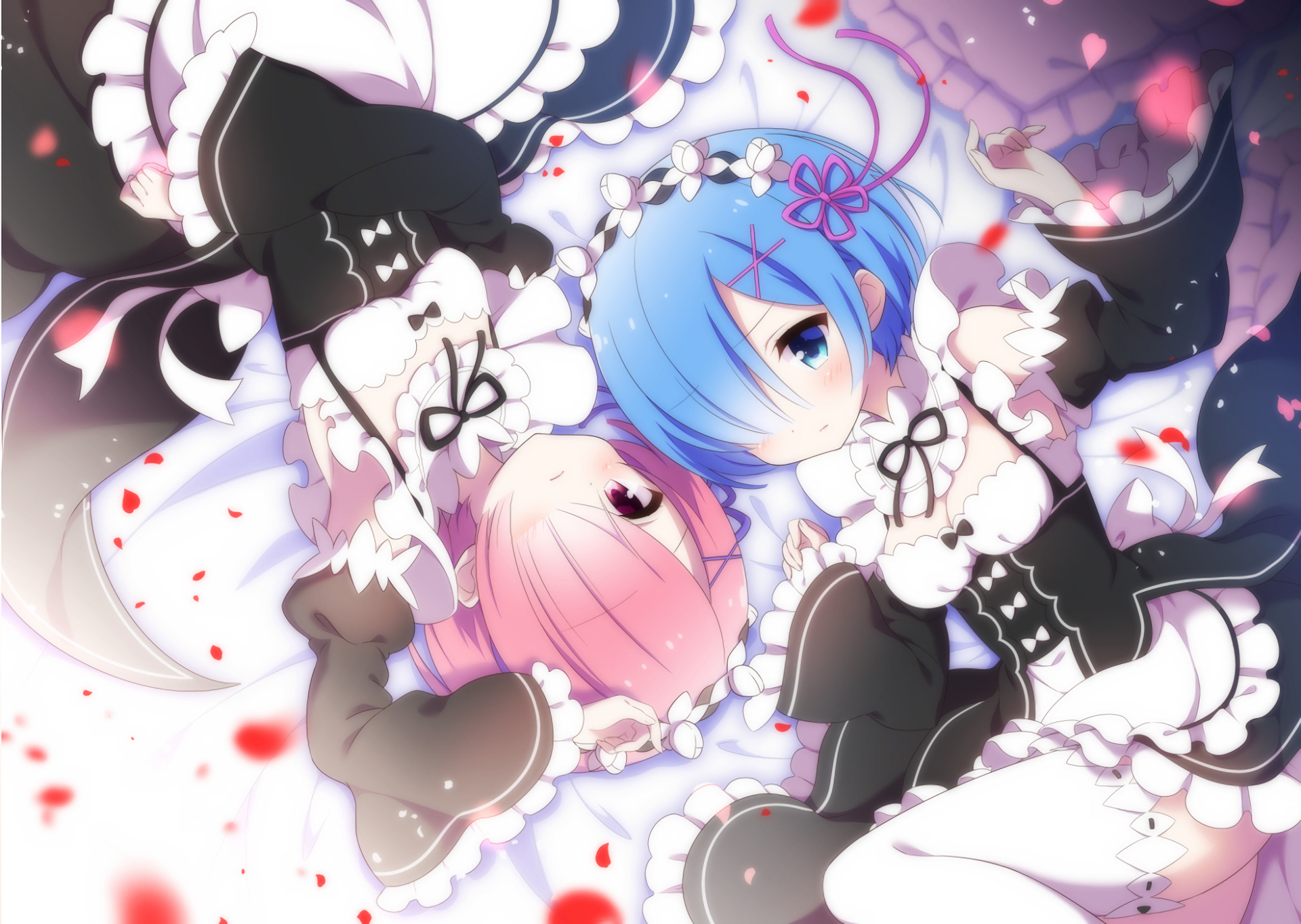 HD wallpaper featuring Ram and Rem from Re:ZERO - Starting Life in Another World, depicting the characters in a serene and colorful anime scene with floral accents.