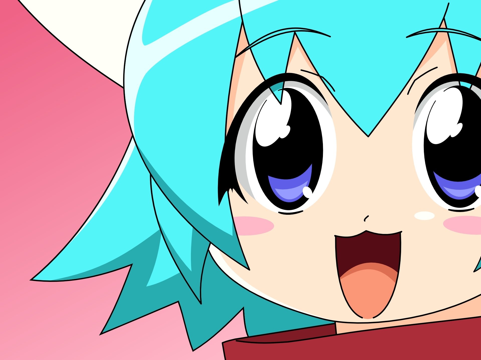 Close-up of a cheerful blue-haired anime character from Welcome to the N.H.K., vibrant HD PC desktop wallpaper background with pink backdrop and large sparkling eyes.