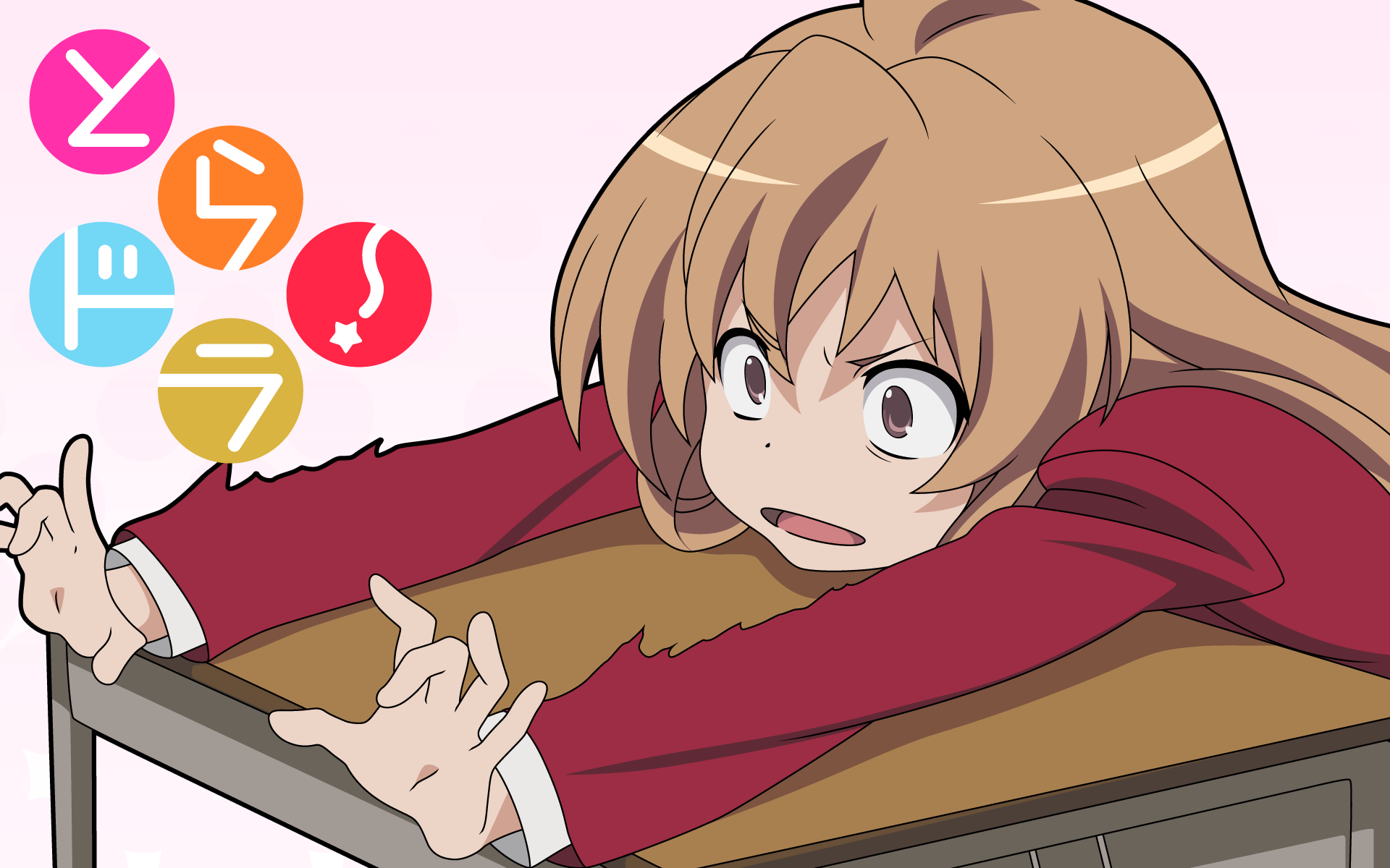 HD anime desktop wallpaper featuring Taiga Aisaka from Toradora! in a dynamic pose leaning over a desk with the colorful Toradora! logo on the left.