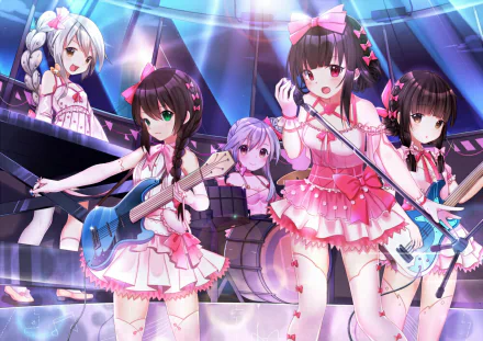 Anime-style Warship Girls band performing energetically on stage, featured in a vibrant HD PC desktop wallpaper background.