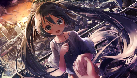 Hatsune Miku, depicted with tears, reaches out in a stunning anime landscape. This HD wallpaper captures her emotional depth against a vivid backdrop.