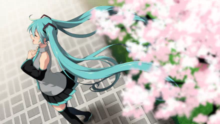 HD anime desktop wallpaper featuring Hatsune Miku from Vocaloid with her long teal hair flowing beside blooming pink cherry blossoms.