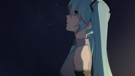 HD anime desktop wallpaper featuring Hatsune Miku from Vocaloid, showcasing her iconic teal twin-tails and futuristic outfit against a dark, starry background.