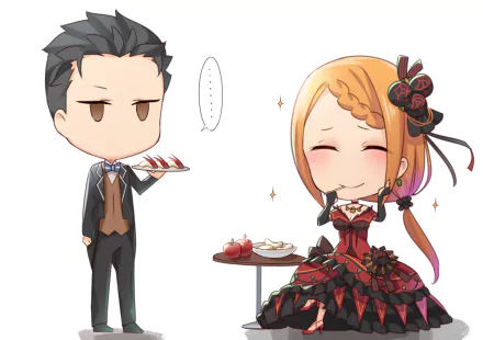 Charming HD wallpaper featuring Subaru Natsuki and Priscilla Barielle from Re:Zero - Starting Life in Another World, showcasing their playful interaction in a colorful anime style.