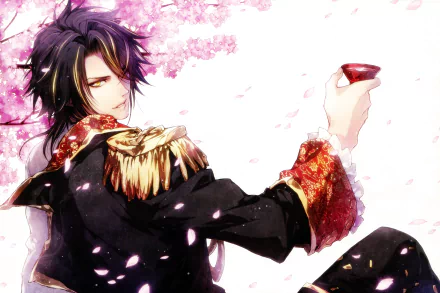 Anime-style artwork titled Reine des Fleurs, featuring a dark-haired character in ornate military attire holding a cup, surrounded by falling cherry blossoms, in 8K Ultra HD quality.