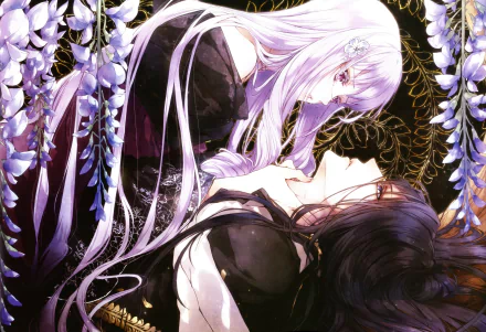 Anime 5K Ultra HD wallpaper Reine des Fleurs: pale lavender‑haired figure leaning over a dark‑haired companion amid cascading purple wisteria and ornate gold filigree, intimate and dreamlike.