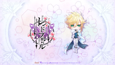 Anime HD PC desktop wallpaper: chibi blond Reine des Fleurs in a blue-white outfit surrounded by pastel flowers, beside an ornate Japanese title/logo on a soft floral background.