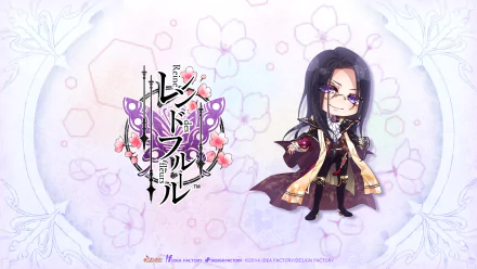 Anime HD PC desktop wallpaper: chibi Reine des Fleurs character in ornate purple-and-gold coat and glasses set against a soft pastel floral background with the series logo.