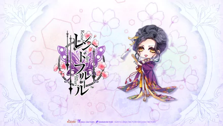 Chibi anime Reine des Fleurs in an ornate purple kimono with floral and butterfly motifs on a soft pastel floral HD PC desktop wallpaper background.