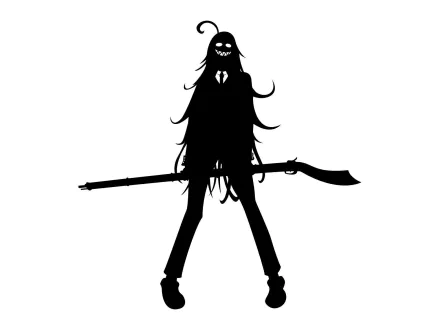 A striking silhouette of Rip Van Winkle from Hellsing, featuring elongated hair and a weapon, set against a minimalist background, designed as an HD wallpaper.