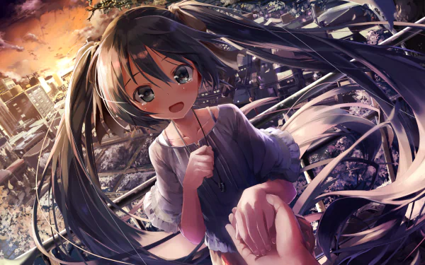 Hatsune Miku, depicted with tears, reaches out in a stunning anime landscape. This HD wallpaper captures her emotional depth against a vivid backdrop.