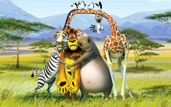 Colorful HD wallpaper from Madagascar: Escape 2 Africa, featuring the beloved characters Alex the lion, Marty the zebra, Gloria the hippo, and Melman the giraffe in a vibrant savanna setting.
