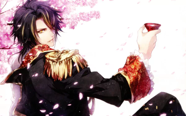 Anime-style artwork titled Reine des Fleurs, featuring a dark-haired character in ornate military attire holding a cup, surrounded by falling cherry blossoms, in 8K Ultra HD quality.