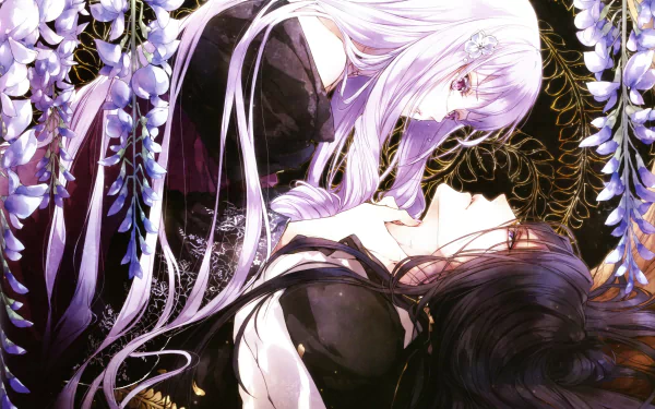 Anime 5K Ultra HD wallpaper Reine des Fleurs: pale lavender‑haired figure leaning over a dark‑haired companion amid cascading purple wisteria and ornate gold filigree, intimate and dreamlike.