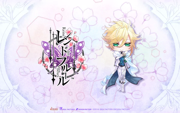 Anime HD PC desktop wallpaper: chibi blond Reine des Fleurs in a blue-white outfit surrounded by pastel flowers, beside an ornate Japanese title/logo on a soft floral background.